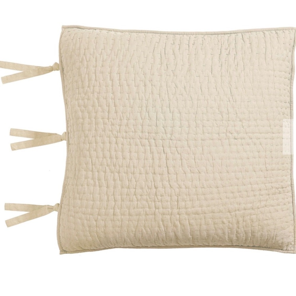 3 Pottery Barn Pick Stitch Linen Cotton Hand Quilted Euro Sham Flax Tie Closure